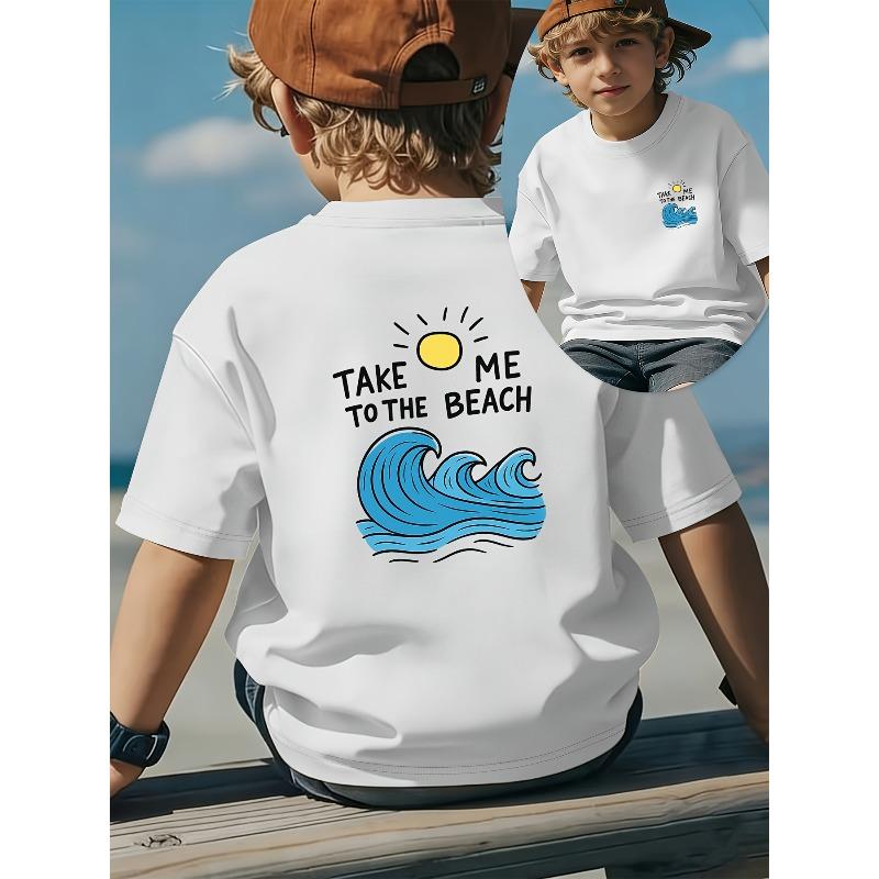 European sizes Boys' Front and Back Print Pure Cotton T-Shirt, "Take Me to the Beach Wave" Print, Comfortable Spring/Summer Daily Crew Neck Casual Top