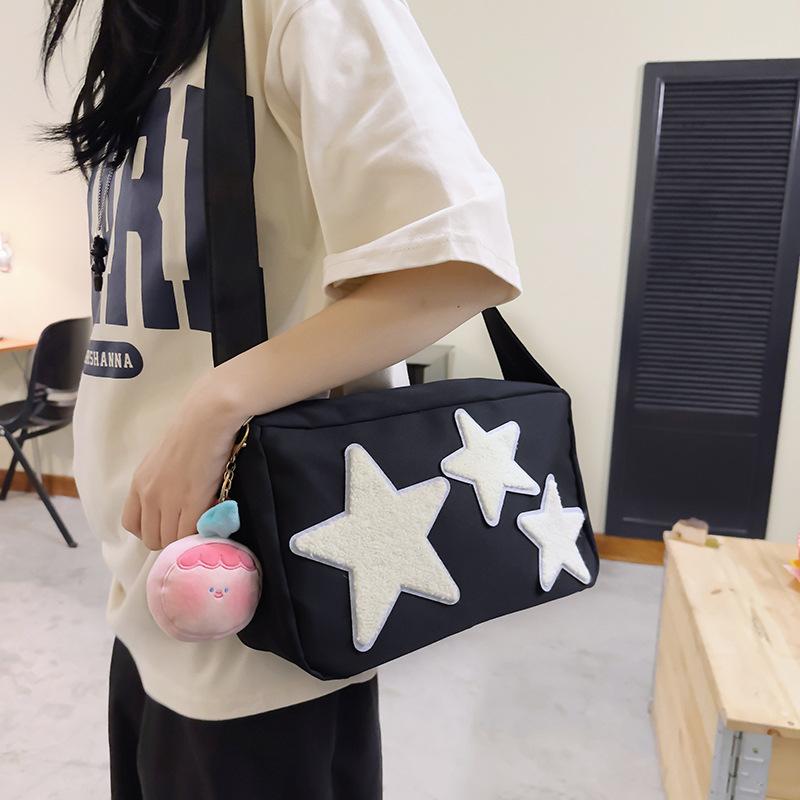 Japanese Cartoon Small Bag Women's New 2025 Mori Fashion Star Splicing Grid Personalized Shoulder Crossbody Small Square Bag