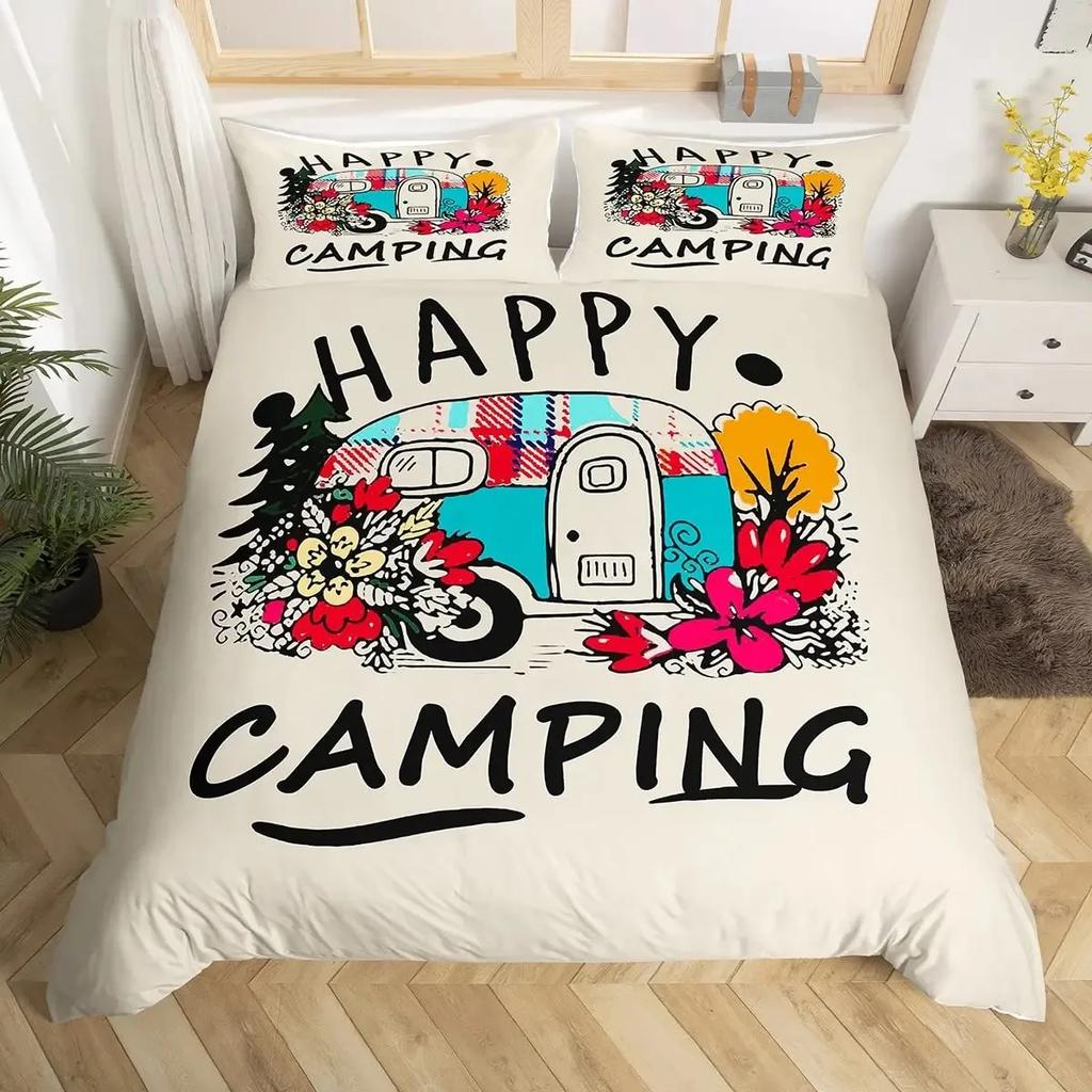 Happy Camping Bettbezug-Set Camper Bettdeckenbezug Vintage Alte Scheunentür Bettwäscheset Cowboys Holz Bauernhausstil Tagesdecke