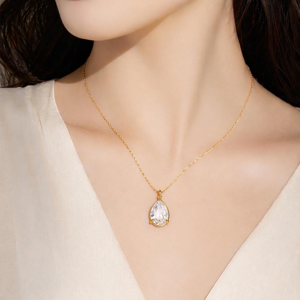 18K Gold Plated Stainless Steel Zircon Water Drop Pendant Necklace for Women