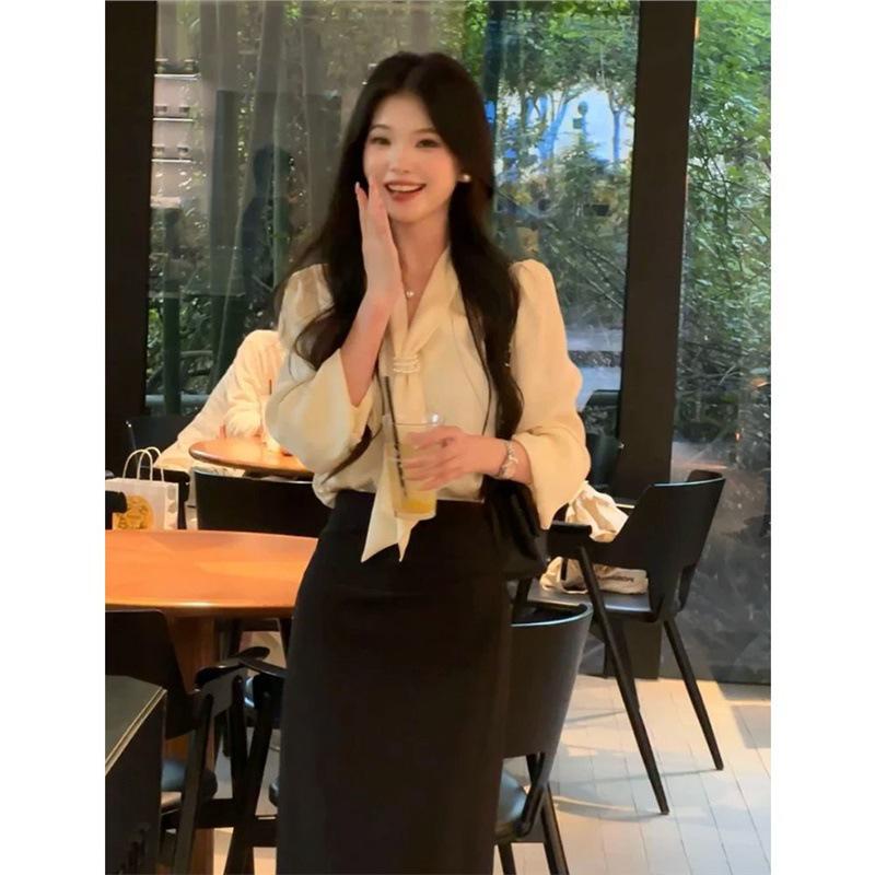 Chic Combo: Stylish Solid Long-Sleeve Shirt + High-Waisted A-Line Skirt Set