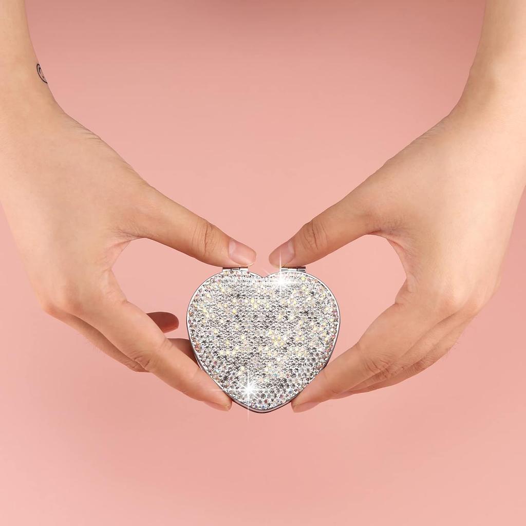 AsAlways Rhinestone Compact Pocket Mirror Portable Travel Cute Cosmetic Mirror Folding Handheld Double-Sided 1x/2x Magnifying Purse Mirror (Silver)