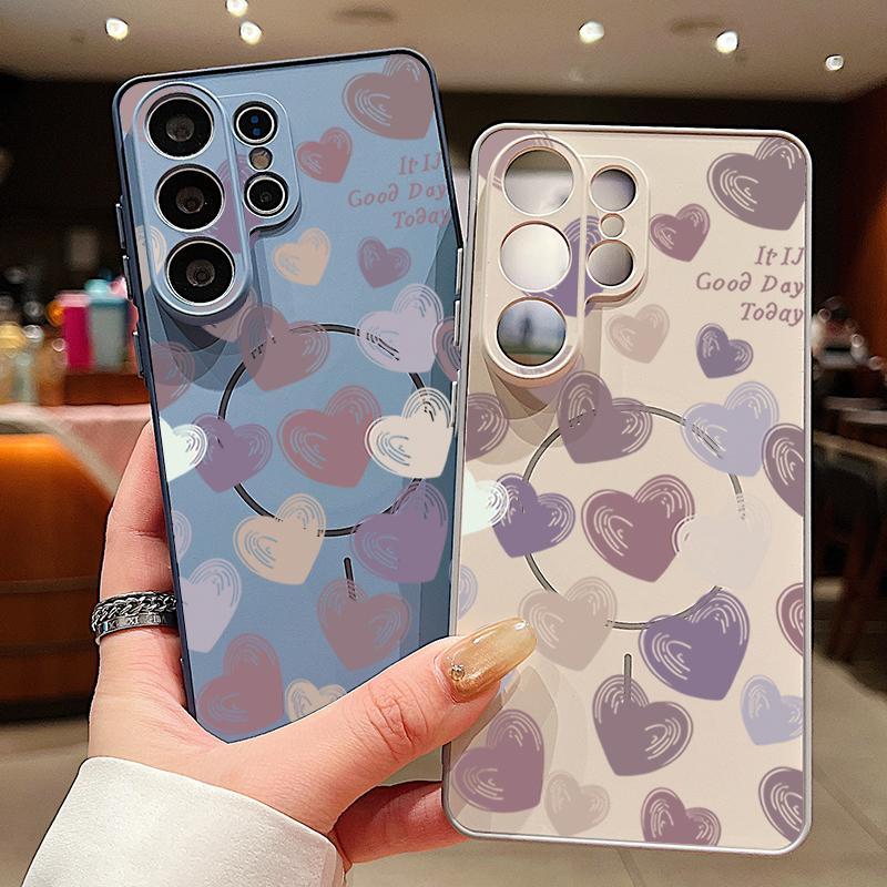 Magnetic For Magsafe Case For Samsung Galaxy S26 Ultra S25 Edge S24 Plus S23 FE S22 A54 A55 A56 5G Candy Color Love Hearts Pattern Matte Cover