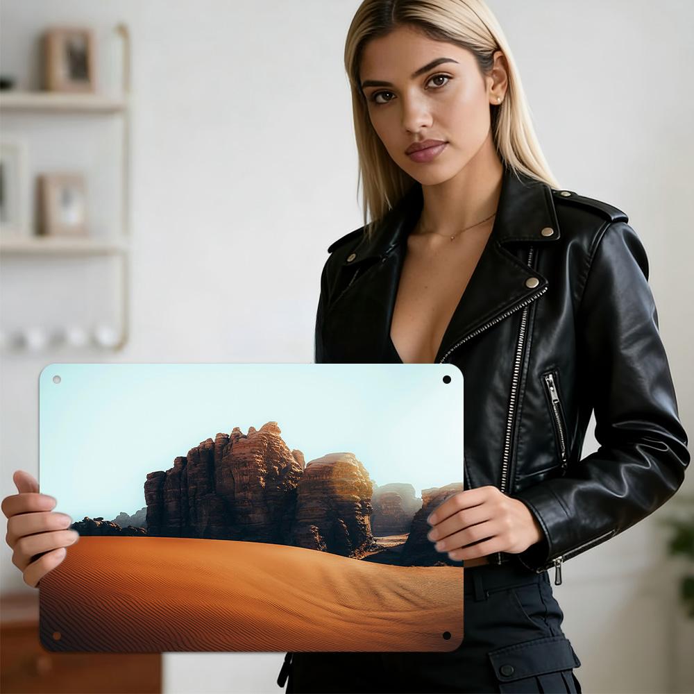 HD Metal Tin Sign Majestic Desert Rock Formations with Rippling Orange Sand Dunes Arid Wadi Landscape Wall Decor