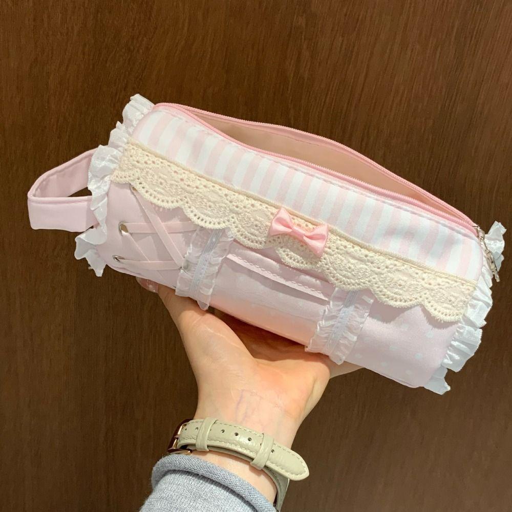 Large Capacity Lace Pencil Case Bow Makeup Bag Polka Dot Pencil Storage Bag Award Gifts