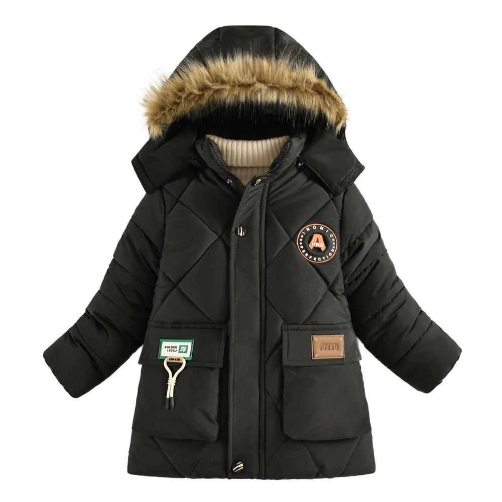 Autumn Winter Boys Jacket Long Style Letter Print Thick Warm Hooded Coat Fur Collar Down Cotton Outerwear For 4-10 Years Kids