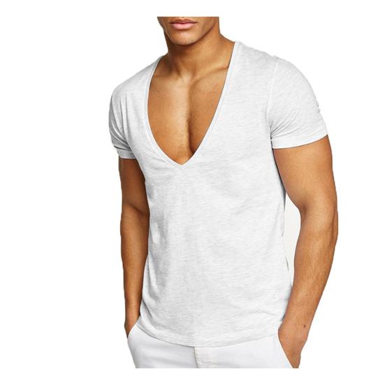 Men T-shirt Deep V Neck Solid Color Slim Fit Pullover Thin Workout Sweat Absorption Mid Length Sports Top Men Clothes