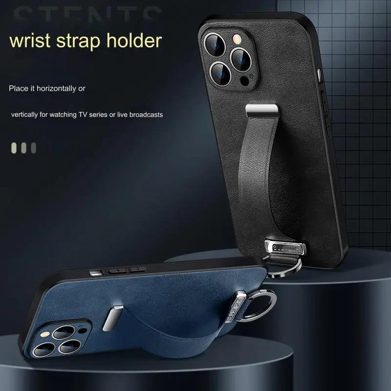Elegant Wristband Leather Case For iPhone 17 Air 16 Pro Max 15 Plus Streatchable Stand Cover Elegant Business Finger Ring