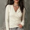 Women S V Neck Pleated Long Sleeve T Shirt Casual Top