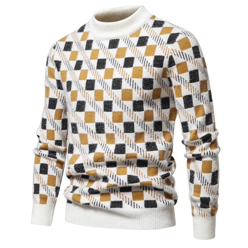 Heißer Verkauf in Europa und Amerika, Mohair Herren Warmer Langarm Mosaik Jacquard Pullover Farblich passender Rundhals Strickpullover