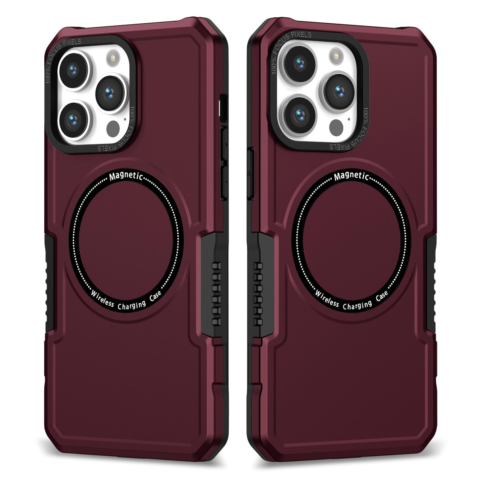 

For iPhone 15 Pro Max PC+TPU Rugged Shockproof Case Magnetic Phone Cover Compatible with Magsafe Wine Red