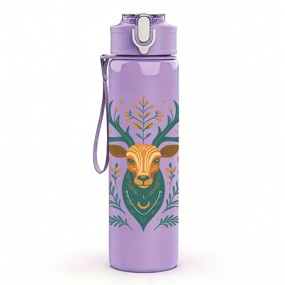 1PC Folk Style Deer Head Art 750ml Color Plastic Sports Water Bottle Leakproof Flip Straw Lid Suitable for Sports Office Home Use