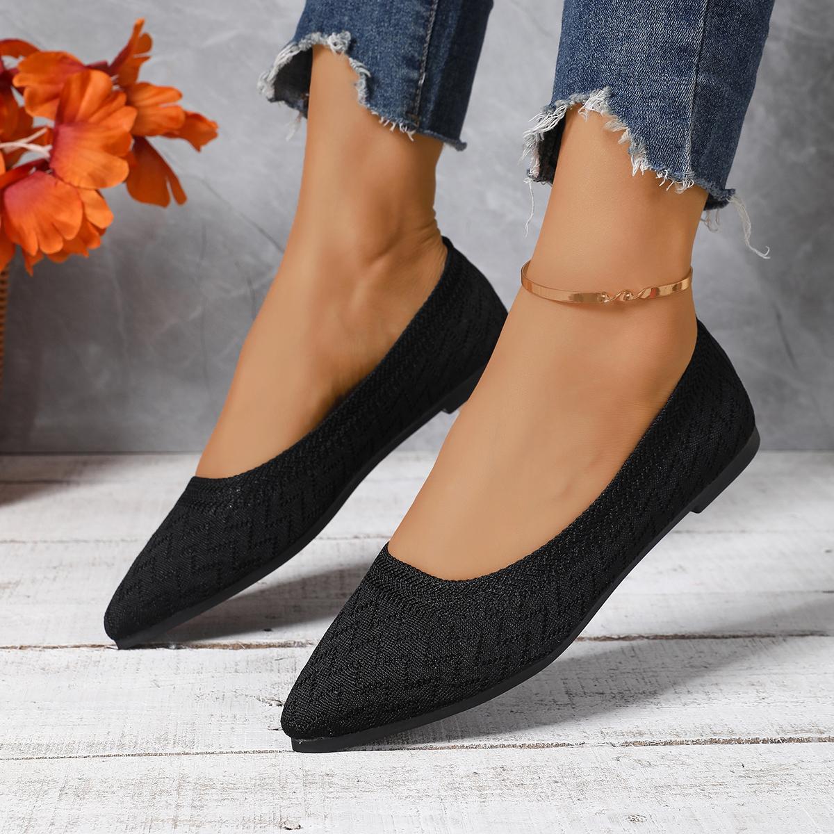 

Women Flats Shoes 2025 New Knitted Slip on Shoes for Women Pointed Toe Solid Color Loafers Casual Breathable Flat Sneakers Women 36 чёрный
