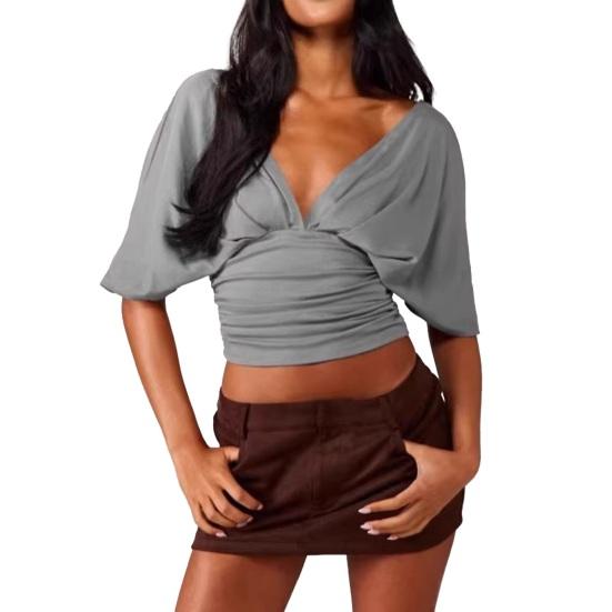 

Women Tops Puff Sleeves V Neck Slim Fit Pleated Waist Pullover Tops Pure Color Summer Short Tops Daily Wear S серый