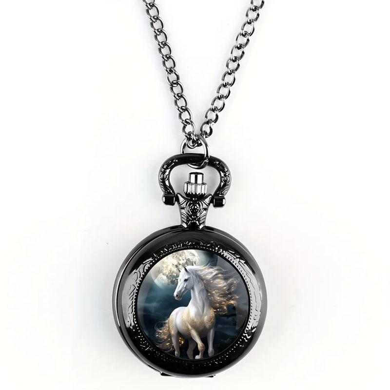 Vintage Unique Silver Horse Animal Design Necklace Pendant Quartz Pocket Watch