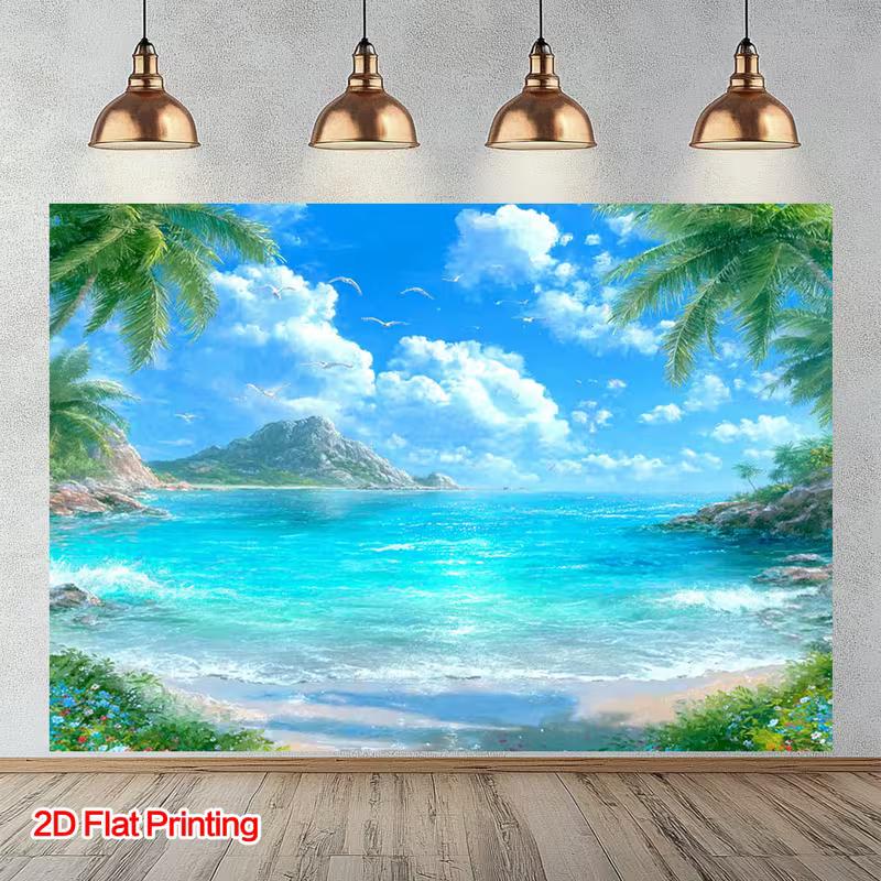 2D Oil Painting Double Coconut Palm Frame Rocky Island Gradient Turquoise Sea Backdrop Tropical Wall Tapestry 47.2x31.5inch/120*80cm