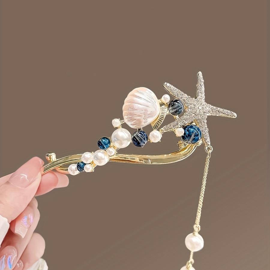 1 Piece Of Ocean Series Rhinestone Starfish Shell Banana With Artificial Pearl Women'S Sweet Ponytail Holder