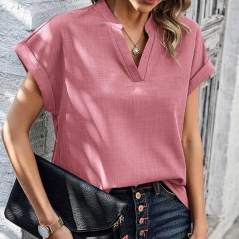 Women's Summer Simple Fashion V-neck Short-sleeved Linen Shirt Shirt
