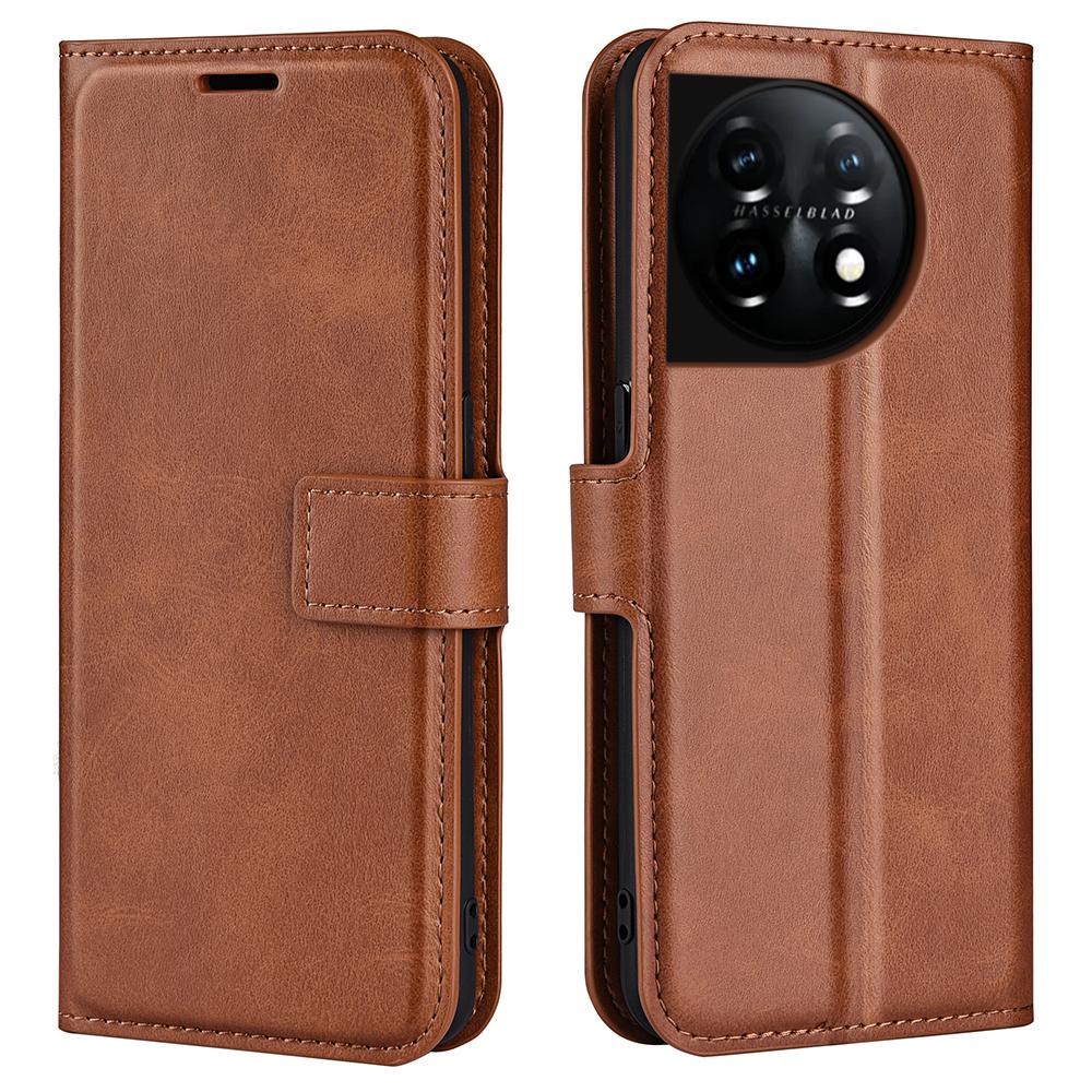 

Shockproof Phone Case For OnePlus 11 5G,PU Leather Stand Wallet Calf Texture Square Magnetic Clasp Phone Cover Light Brown
