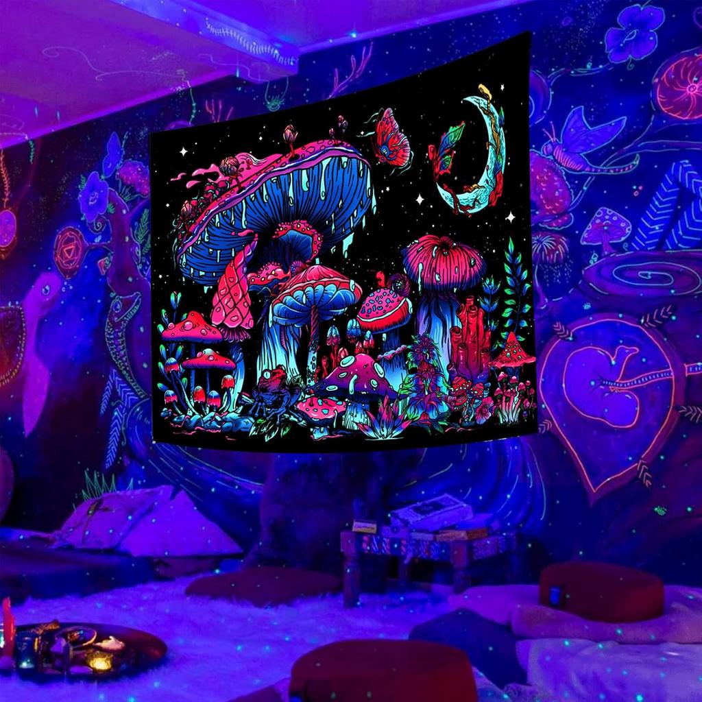 Onivein Blacklight Mushroom Tapestry Glow in the Dark Fantasy Plant Tapestry UV Reactive Moon Butterfly Frog Tapestries Poster Wall Hanging for