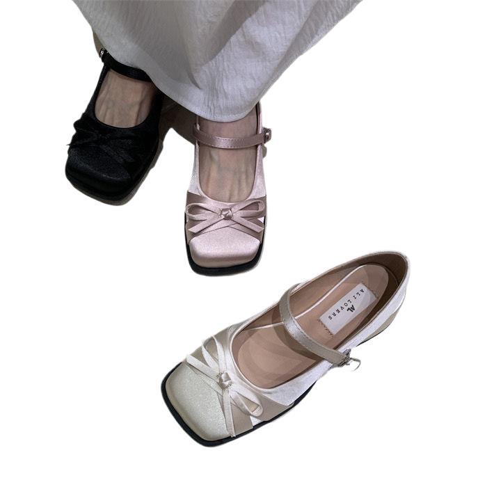 Wow~ Beautiful! 2025 Spring and Autumn Sweet Bow Square Head Thick Heel Mary Jane Shoes Gentle Style Satin Single Shoes