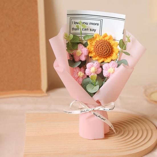 Crochet Flower Bouquet Handmade Knitted Positive Sunflower Artificial Yarn Flower Bouquet Gift for Mother's Day Valentine's Day Anniversary