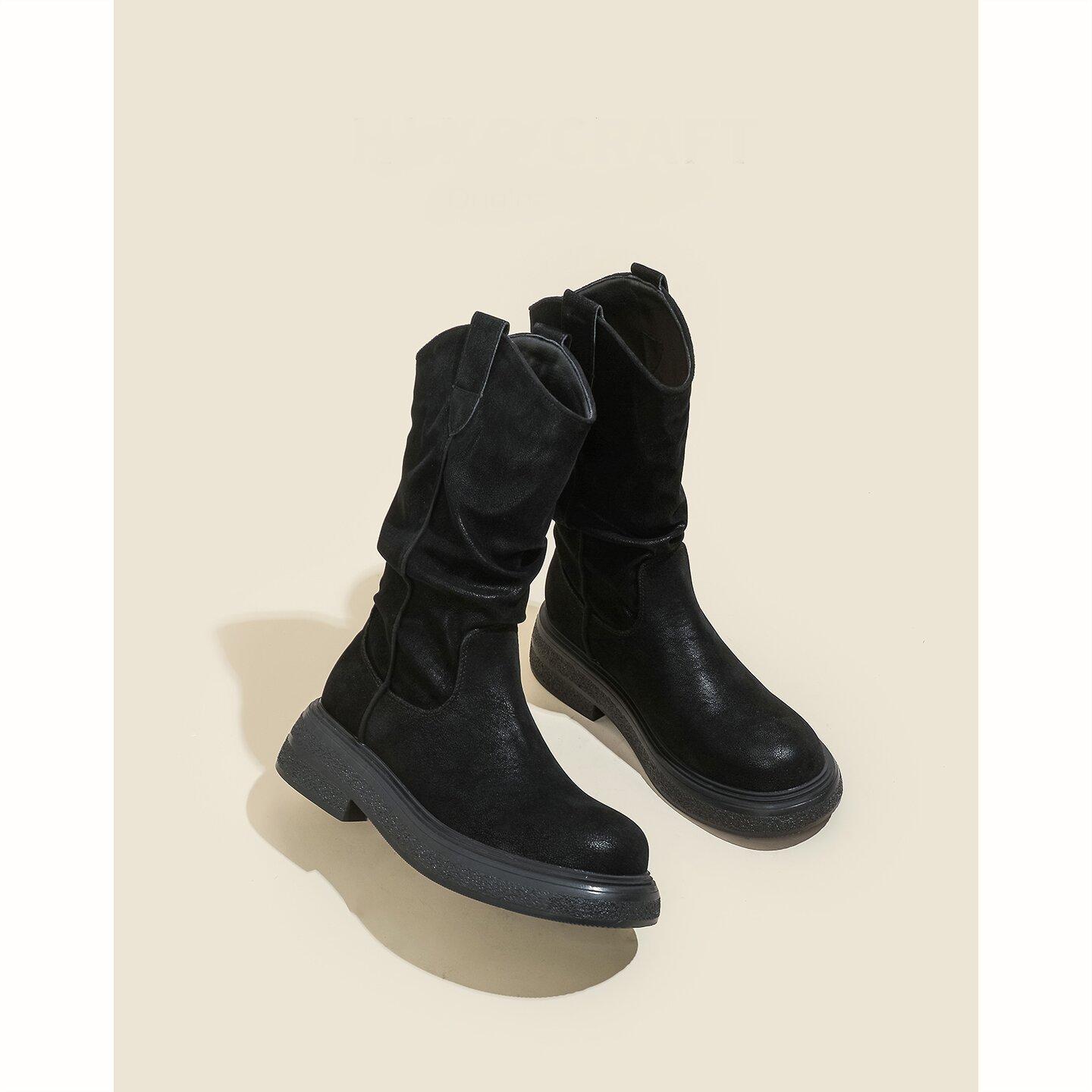 

Soft leather~ retro round head thin boots knight boots women s 2025 autumn new versatile thick-soled stacking boots Martin boots 40 чёрный