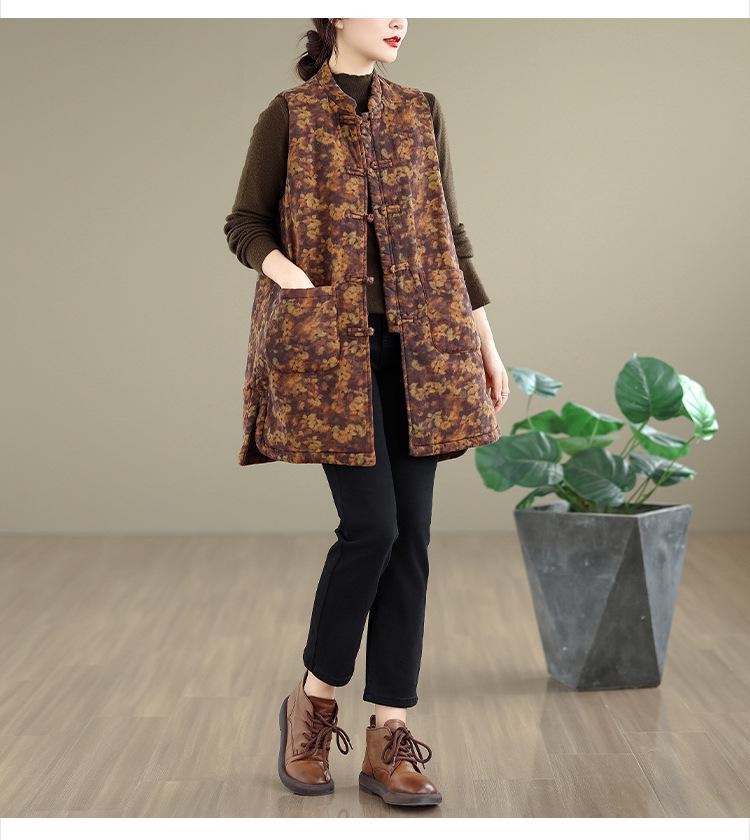 Retro Chinese Stand Collar Frog Button Printed Padded Vest - Winter 2026 Mid-Length Sleeveless Design