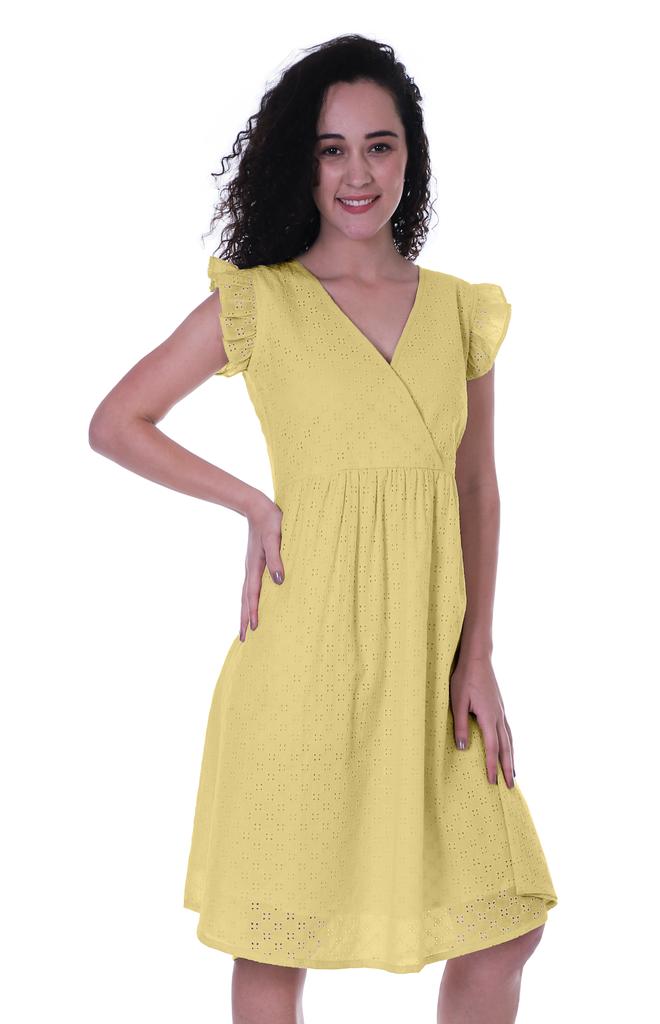 Moomaya Schiffli Dress Frill Sleeve W  V-neck Casual Relaxed Summer Garden