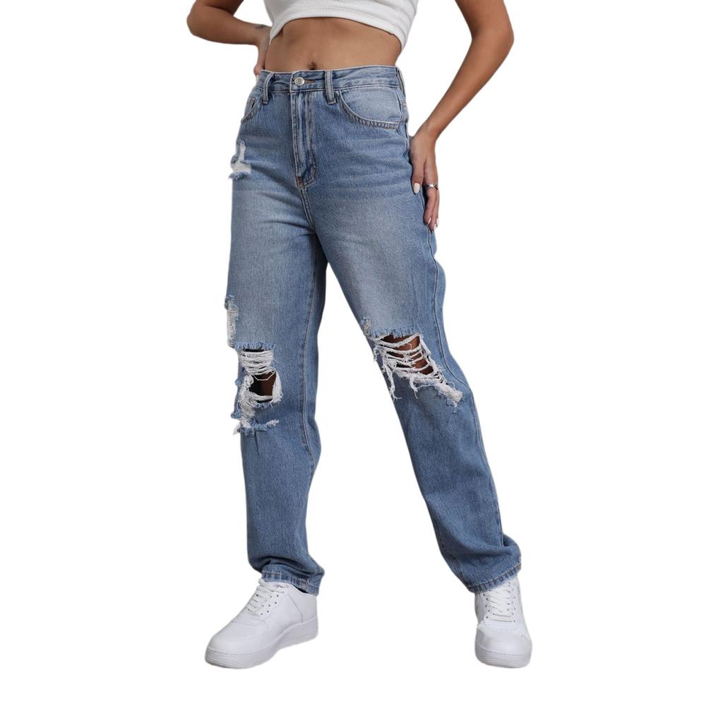 Women's Straight Leg Jeans - High Waist Slim Fit Denim Pants