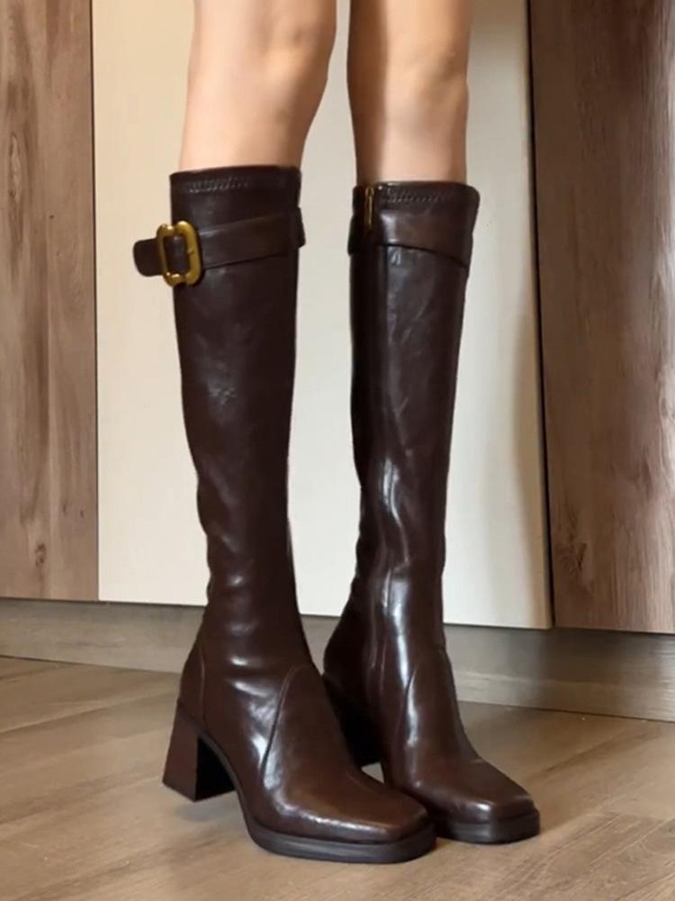 

Metal buckle thick sole but knee boots thick heel boots women s tall thin boots knight boots 40 коричневий