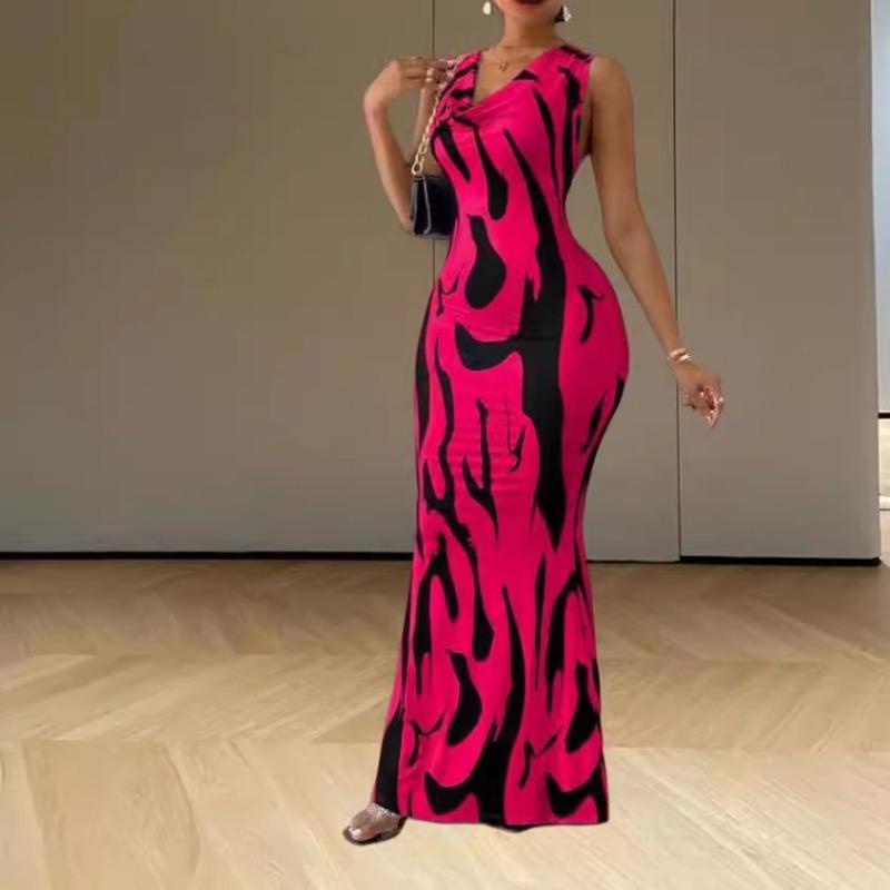 Fashion Elegant Pile Collar Maxi Long Dress New Sleeveless Printed Bodycon Party Dresses Plus Size Female Sexy Women's Clothing 3349