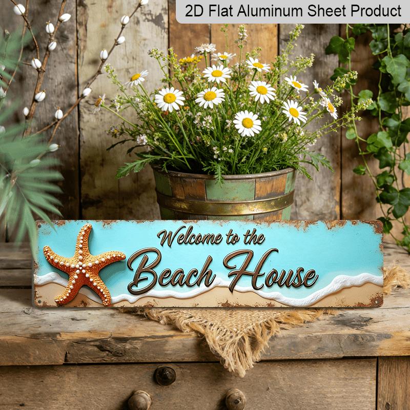 2D Flat, Stylized "Welcome To The Beach House" Metal Sign - Ocean Theme Wall Decor with Starfish and Shells Alumium Decorative Sign, Vintage Style