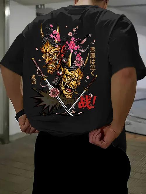Unisexs Tshirt Japanese Oni Demon Mask Katana Cherry Blossom Kanji Print Vintage Ukiyoe Streetwear 100 Polyester Sxxl