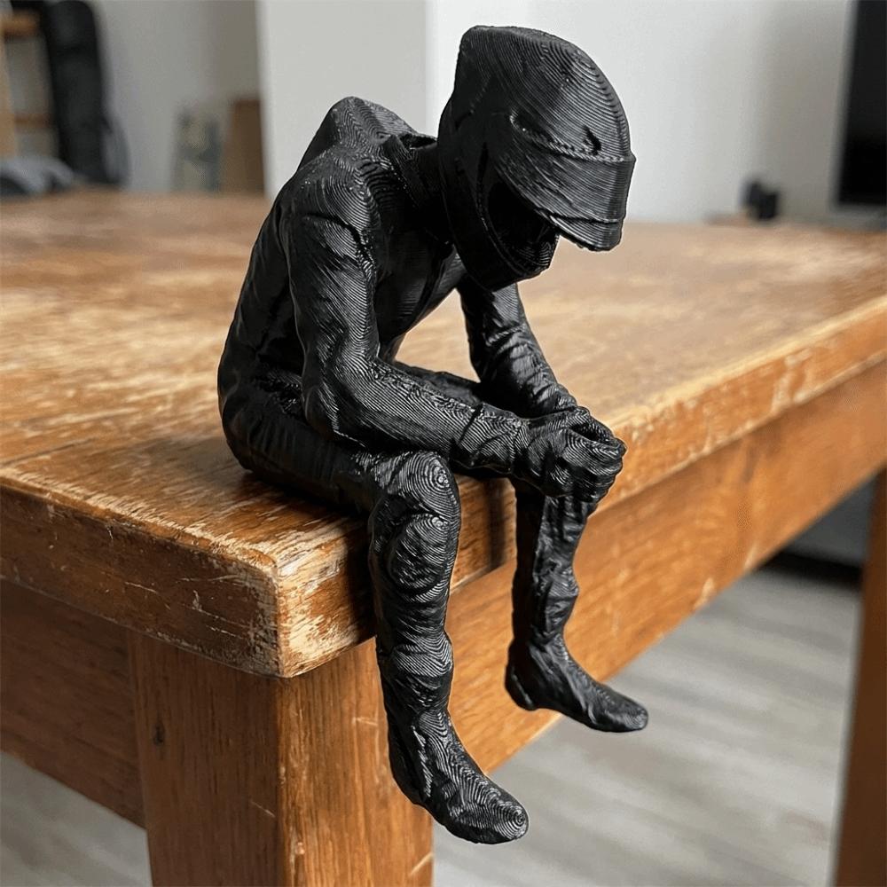 3D Printed Racing Style Seated Figurine Black Motorcyclist Art Statue Desktop Decor