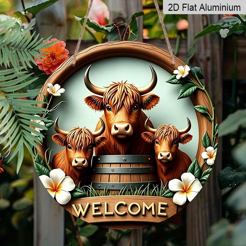 2D Flat Highland Cow Home Welcome Doorplates, Aluminum Decorative Signs and Plaques In Various Sizes. Floral Design Hanging Door Decorations