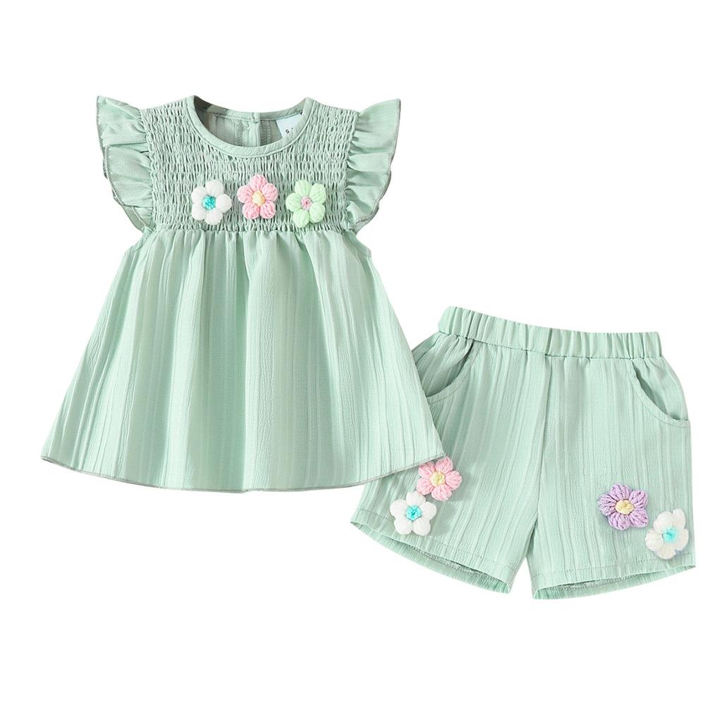 Little Flower Kurzarm-Top mit Schleife Shorts Sommeranzug für Mädchen