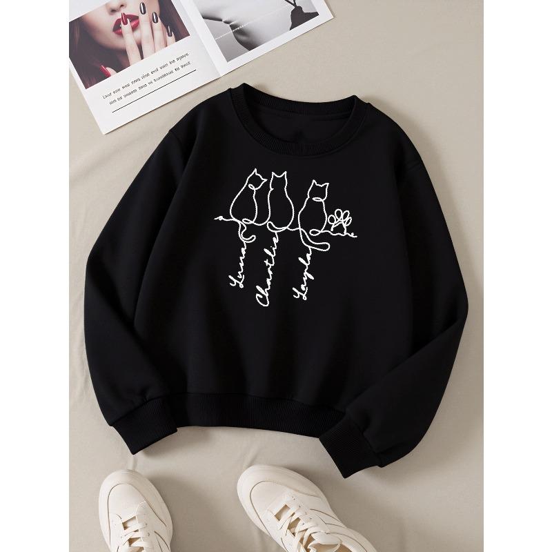 European sizes Girls Soft Crewneck Sweatshirt Three Cats Sitting On Branch with Names, Casual All-Match for Fall Winter, Ideal Present.