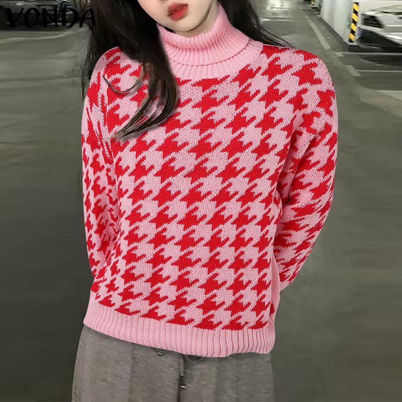 VONDA Autumn Women Turtleneck Long Sleeve Printed Contrast Pullover Sweaters