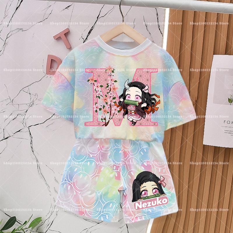 Demon Slayer Girl Tie-dye Smlie Tees Children Nezuko Short Sleeves Baby T Shirt Shorts 2pcs Kids Kawaii Summer Clothing Set New
