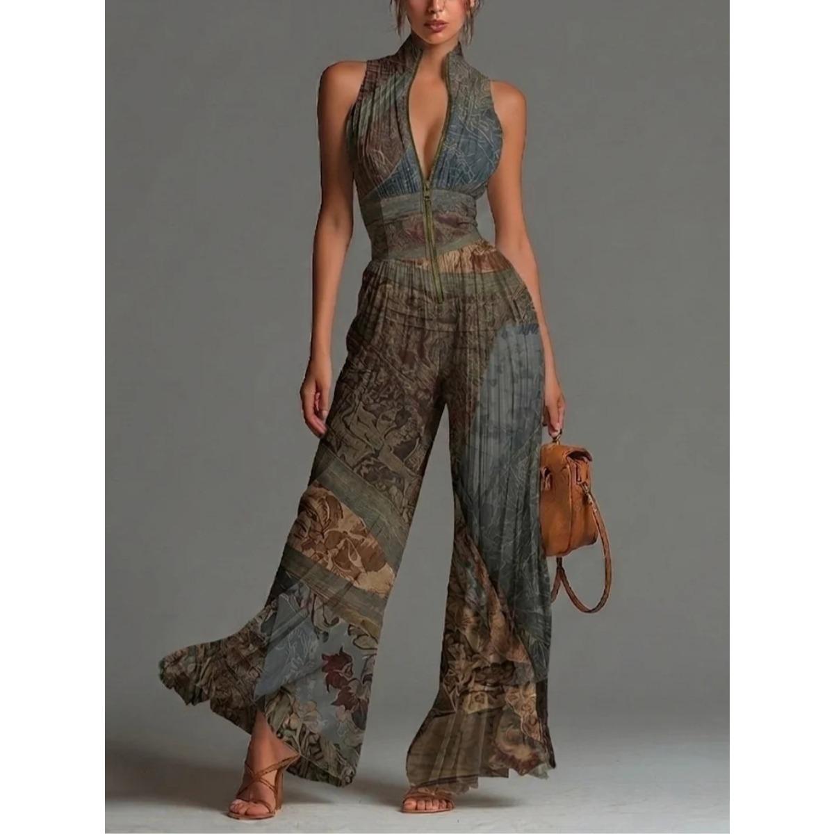Damen ärmelloser High-Neck-Jumpsuit mit Falten und weitem Bein, hohe Taille, elegant, einfarbig, Party-Jumpsuit M dunkelblau