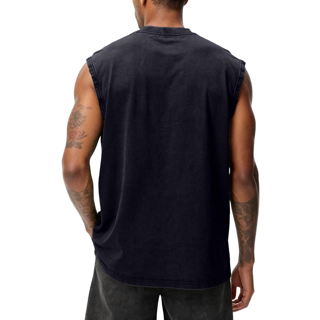 Gilet Casual da Uomo Lavato all'Americana Senza Maniche, Top T-shirt da Uomo Retro in Cotone Girocollo