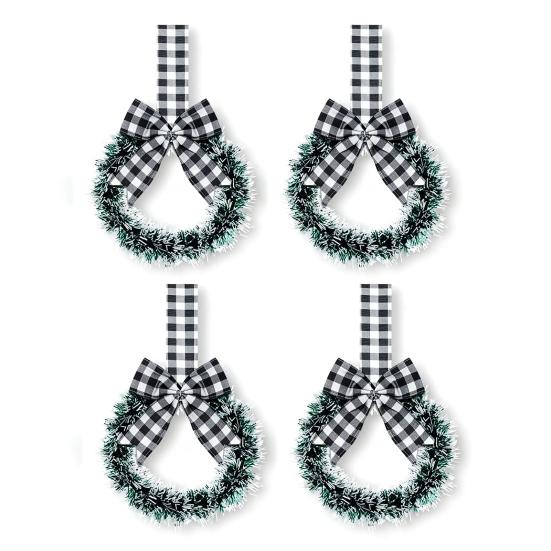 Mini Christmas Cabinet Wreaths 5.1 Inch Small Kitchen Xmas Decor with Red Ribbon Bow Plastic Rattan Fabric Window Door Office Holiday Decoration