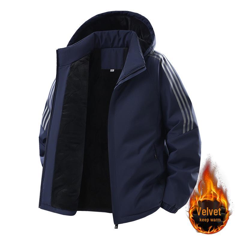 Men's Hooded Cotton Jacket - Windproof, Thickened, Three Stripes, Plus Velvet, Large Size Outerwear for 2025 Autumn/Winter.