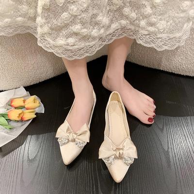 BCEBYL New Pointed Toe Pearl Rhinestone Bow Decoration Fashion Sandals Summer Elegant Soft Sole Comfortable Flat Women's Shoes