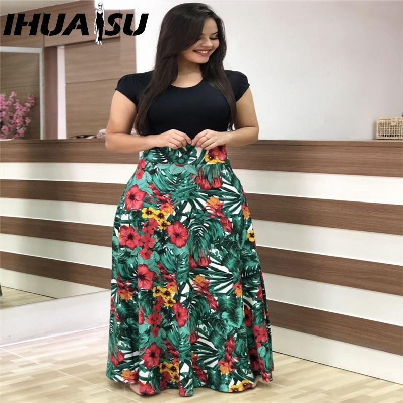 

ИГУАСУ Платье бохо с цветочным принтом, пэчворк, с коротким рукавом, летнее, с круглым вырезом, с большой юбкой, длинное M