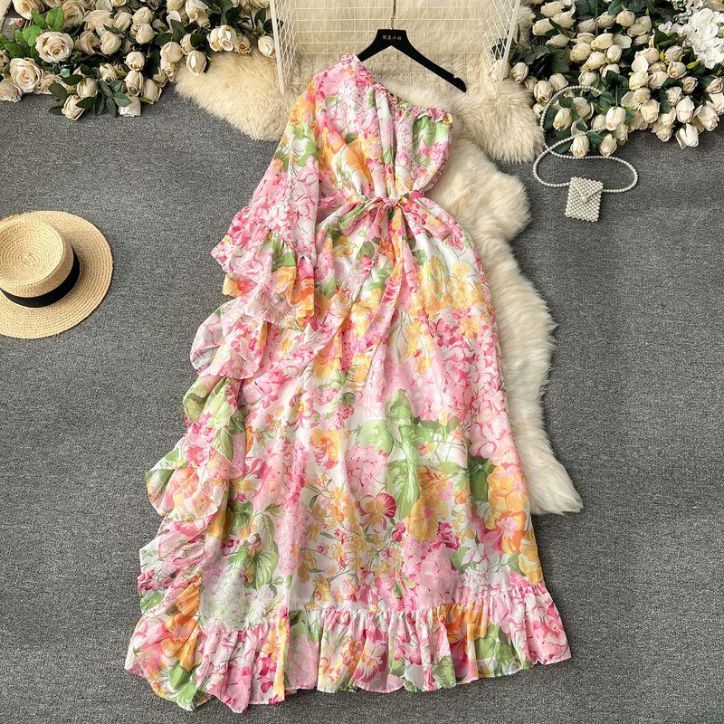 

off-Shoulder Flowers Diagonal Collar Silm Long Chiffon Dress Green M