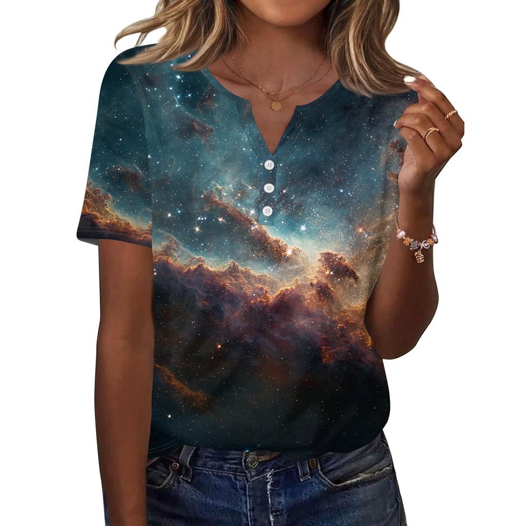 Women's T Shirt Print Button Short Sleeve Daily Weekend Fashion Basic V, Neck Regular Top