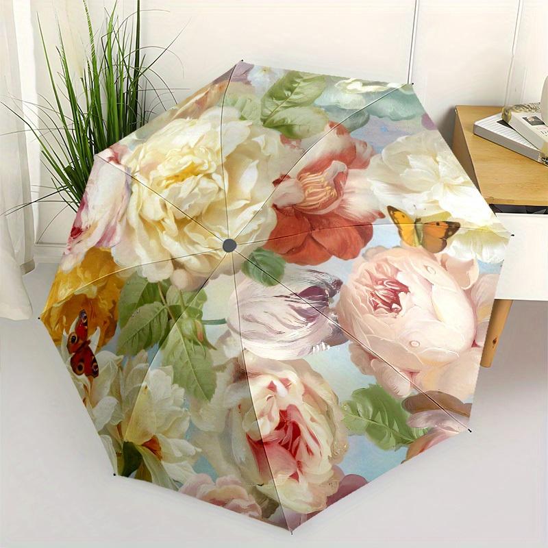 

Simon&Siff Automatic Opening & Closing Floral Umbrella with Peony & Rose Design, 8-Rib Windproof Canopy, All-Season Portable F (as the picture,Iron&8K)