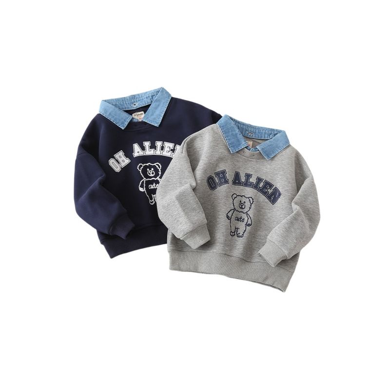 Kids False Two-Piece Sweaters Fleece-lined Children's Clothing Boys' Denim Collar Polo Tops Boys' Polar Fleece Lapel Clothes